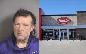 The image is split into two sections. On the left, there is a mugshot of a middle-aged man with dishevelled dark hair, some gray at the temples, and stubble. He has a serious expression and is wearing a purple Nike sports top. On the right, there is a photo of a convenience store named "Kum & Go." The store has a red and white sign above the entrance, with large glass windows and doors. The building has a brick facade with a section painted in gray. The address "2303" is visible above the entrance. There is a clear sky above the store.